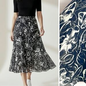 Lauren Ralph Lauren Midi Skirt Silk Chiffon Navy Blue Floral Print Lined Sz 14P